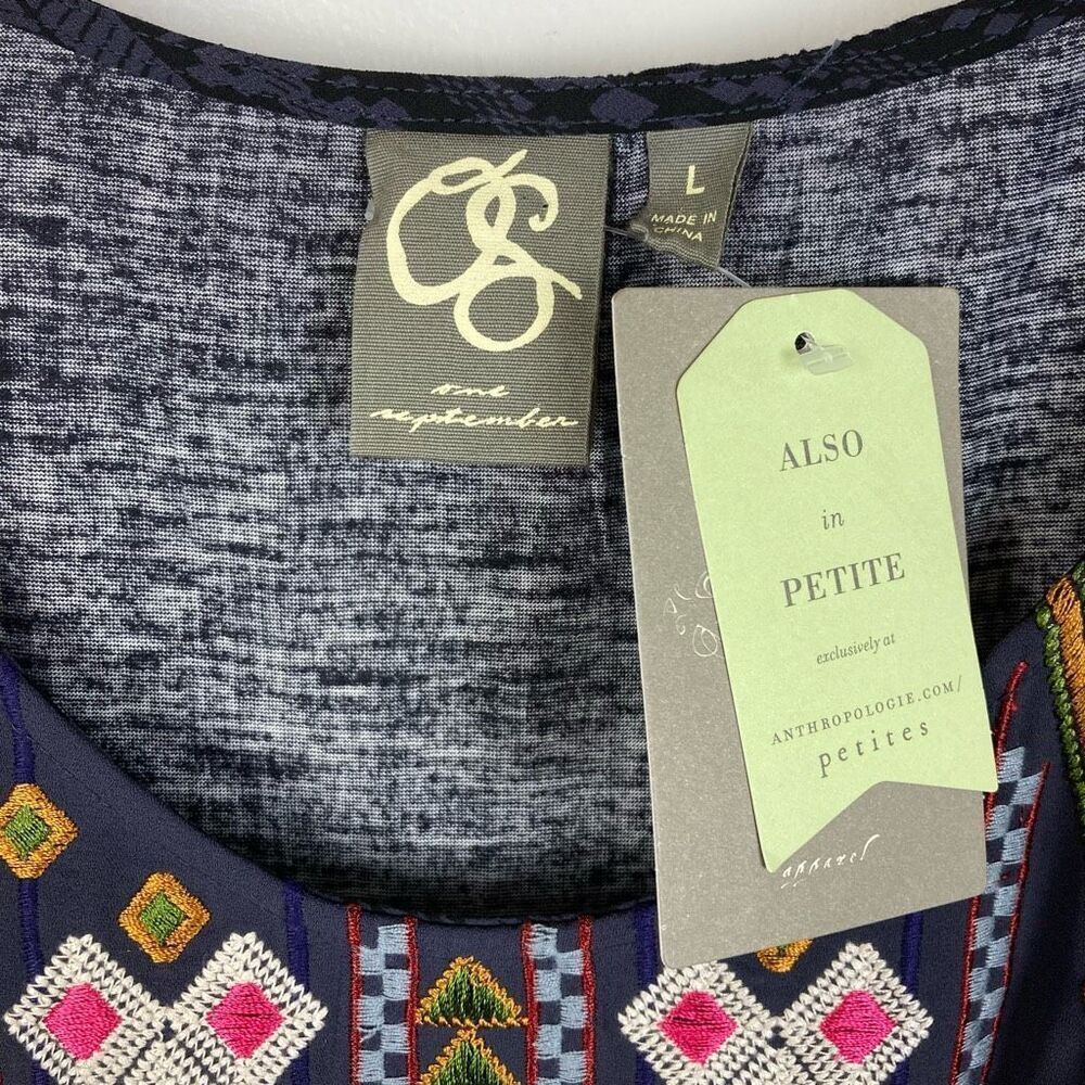 Anthropologie One September Barranco Embroidered Tunic Navy Boho Geo Cottage - L - Picture 3 of 9